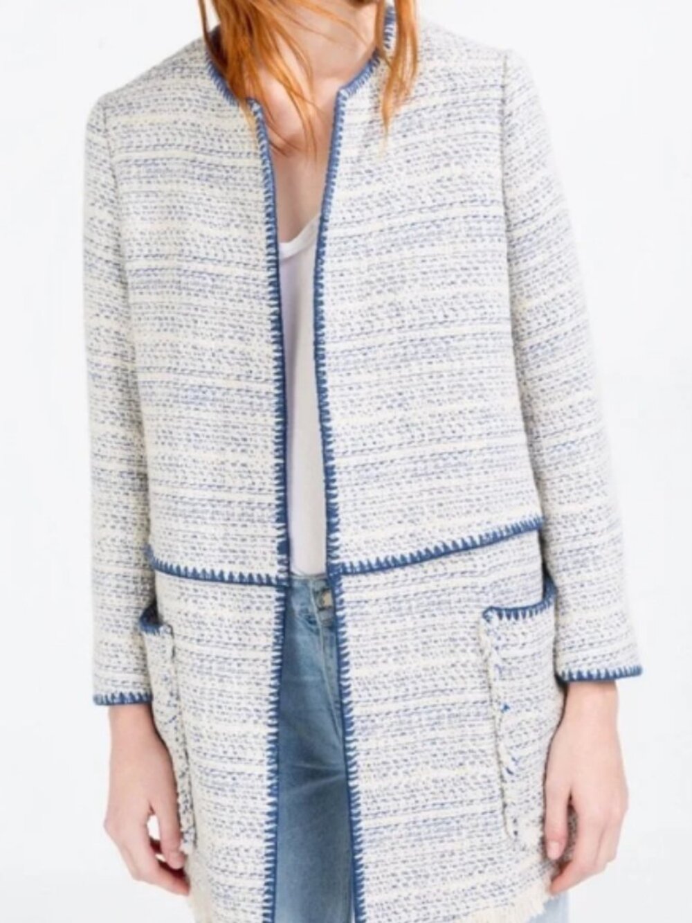 Zara Ivory Tweed Coat with Blue Trim